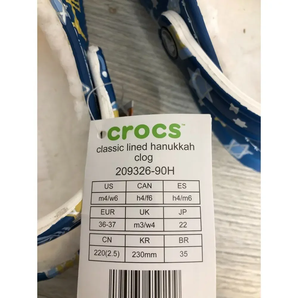 Crocs Classic Lined Holiday Clog Hanukkah 209326-90H Menorah Blue Star W 6 M 4